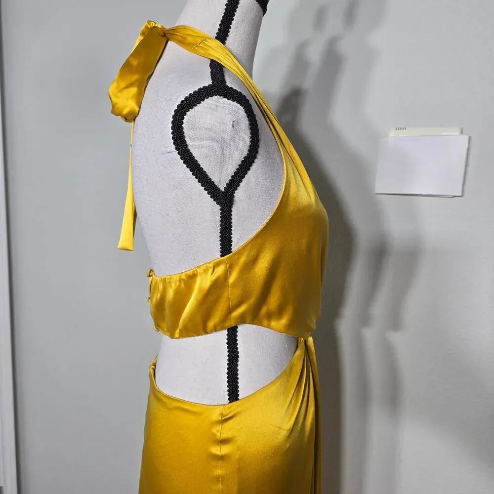 Reformation Silk Halter Maxi Dress Sz 4 Gold Cutout Backless Formal Evening Luxe - Picture 4 of 13